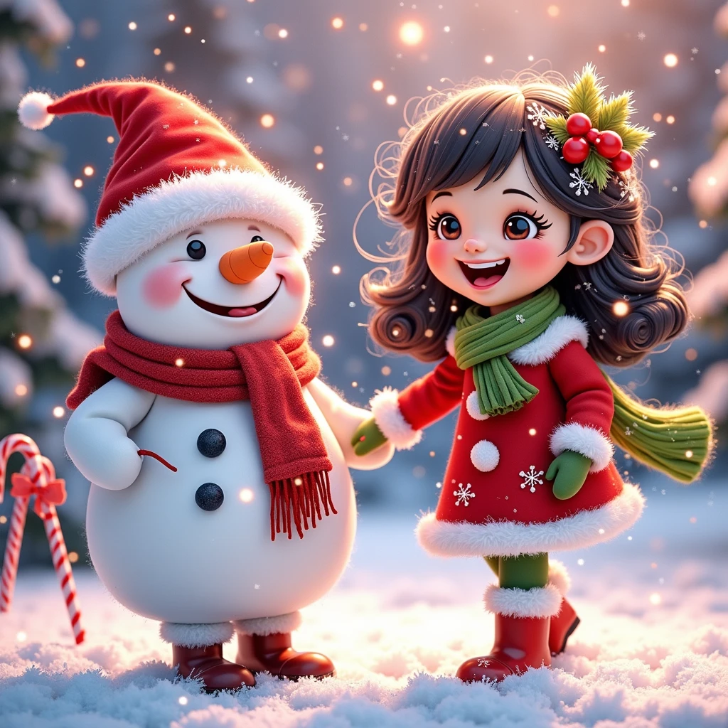 Santa Claus with his chubby wife black hair candy canes snowman snowflakes 