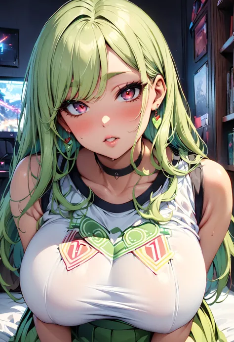 score_9, score_8_up, score_7_up, score_6_up, score_5_up, 1girl, solo, green hair, straight hair, long hair, red eyes, glowing ey...