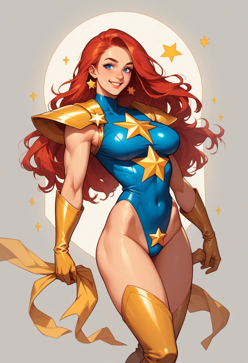 score_9, score_8_up, score_7_up, score_6_up, score_5_up, score_4_up, Sexy, Superheroine, Red hair, long hair, busty, ((blue highleg leotard with a t-back thong and a gold star insignia on chest)), gold boots, gold gloves, happy expression