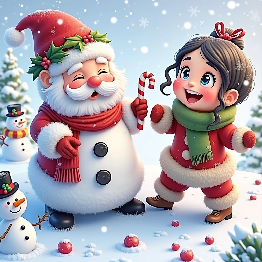 Santa Claus with his chubby wife black hair candy canes snowman snowflakes 