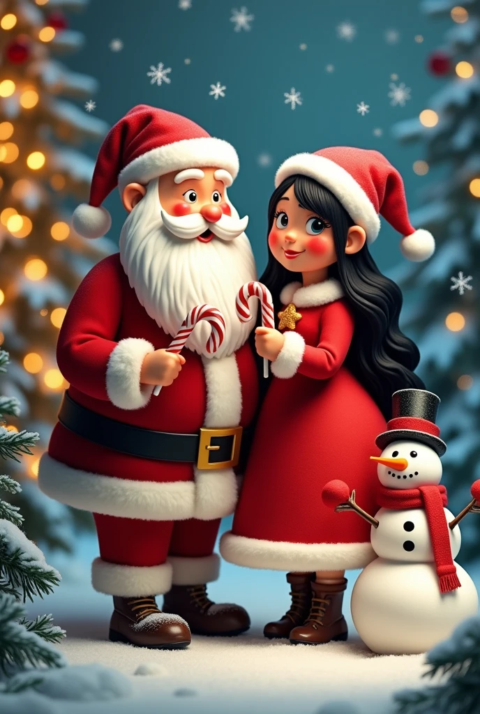 Santa Claus with his chubby wife black hair candy canes snowman snowflakes 