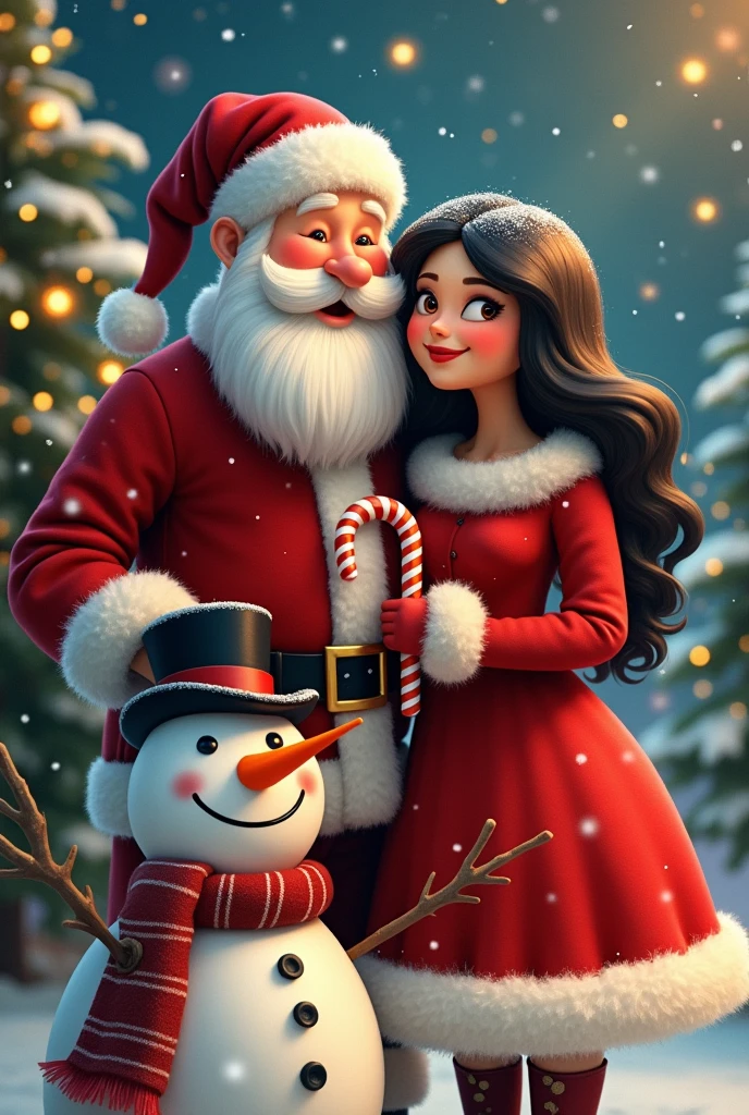 Santa Claus with his chubby wife black hair candy canes snowman snowflakes 