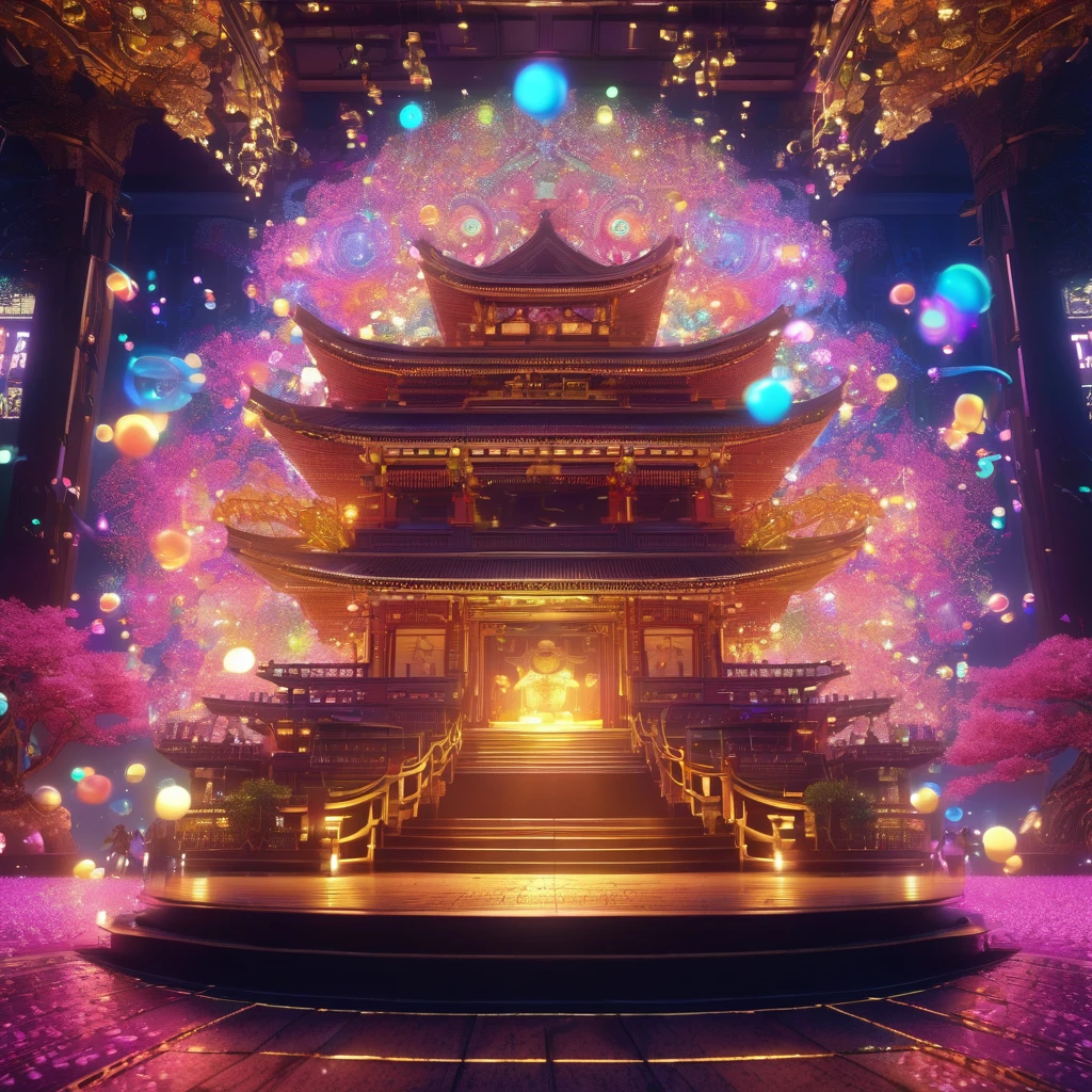 Noh theater、神楽舞This is a high-quality 4K masterpiece CG image featuring highly detailed and intricate designs.。Intricate details、，In the center is an unknown creature.、Background is in neon pop abstract art style、Cinema Lighting、A lot of bubbles flowing in detail、It features slowly moving notes。Surrounded by ultra-fine glowing particles overall、Focus on happiness and dynamic background elements、It&#39;s a vivid and complex image.。