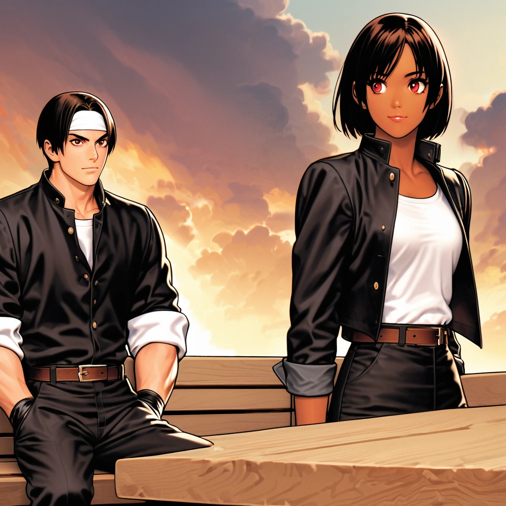 single,woman,Shortcuts,Black Hair,Dark Skin,Red eyes, （（Black jacket with rolled up sleeves））,Fingerless gloves,White T-shirt, （（White headband））,Black trousers,White shoes,Brown belt,cute,Indoor person,Charming,First-class,Handsome,Neat eyes,Slightly large chest,Sitting on a park bench A beautiful Japanese girl is sitting on a park bench、He is surprised at my profile and the sight of me in front of him.。Eyes Wide Open、Gaze slightly downwards、The mouth is half open。