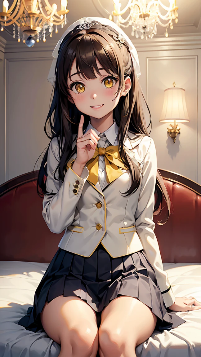  kotori minami, long hair, brown hair, (yellow eyes:1.3), hair bow, one side up, skirt, school uniform, jacket, blazer, winter uniform, otonokizaka school uniform, ---(8K, raw, highest quality, real 1.2), ultra high quality, high resolution, highest quality, perfect face, perfect limbs, perfect fingers, high resolution, (beautiful anime face, cute face, detailed face), smile of joy, smiling expression, sitting on bed, cowboy shot, miniature human hand, (((small bust 1.3))), (((thin thighs 1.3))), ((white walls bedroom 1.5)), ((white framed bed 1.5)), ((white ceiling bedroom 1.5)), ((divine light 1.5)), pure white chalk interior, pure white marble interior, ((Pure white bedroom like a Western castle: 1.5)), ((Luxurious pure white canopy bed: 1.4)), ((Chandelier: 1.4))), ((Pure white bed 1.5)), ((Beautifully decorated bedroom 1.5)), perfect anatomy, perfect proportions, nice lighting, bright colors, clean lines, information, blurred, stunning facial expression, restless emotions, gorgeous and cute, beautiful face and eyes in every detail, (masterpiece) beautiful face, young and handsome girl, really perfect skin, blurred, stunning facial expression, restless emotions, gorgeous and cute, beautiful face and eyes in every detail, (Audrey Hepburn), (cute), (J-POP idol), (thighs, (depth of field), (depth of field), soft light, glittering lens gaze, (droopy eyes), straight teeth, shy smile, flowing hair, a scene from Blake's movie,,