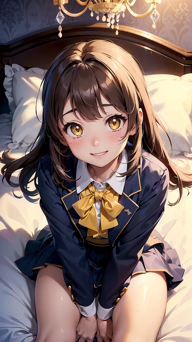 kotori minami, long hair, brown hair, (yellow eyes:1.3), hair bow, one side up, skirt, school uniform, jacket, blazer, winter uniform, otonokizaka school uniform, -- ((Top view 1.3))),((Top view of lying down 1.3))), ((Lying on bed with legs spread wide))), (Wet genitals 1.2), (((Best smile 1.3))), (((Lying on back 1.3))), ((Lying on bed 1.3))), (Cute expression), ((Blushing and shy expression 1.3)), kanon shibuya, long hair, bangs, (purple eyes:1.1), orange hair, hair between eyes,shirt, dress, ribbon, school uniform, jacket, white shirt, open clothes, collared shirt, open jacket, red ribbon, neck ribbon, blue jacket, pinafore dress, grey dress, yuigaoka school uniform,---(8K, Raw, Highest quality, Real 1.2), Ultra High Quality, High Resolution, Top Quality, Perfect Face, Perfect Limbs, Perfect Fingers, High Resolution, (Beautiful Anime Face, Cute Face, Detailed Face), Joyful Smile, Smiling Expression, Lying on Bed, Cowboy Shot, Miniature Human Hands, (((small Bust 1.3))), (((Thin Thighs 1.3))), Pure White Chalk Interior, Pure White Marble Interior, ((Pure White Bedroom Like Western Castle 1.5)), (((Luxurious Pure White Canopy Bed 1.4)), (((Chandelier 1.4))), ((Pure White Bed 1.5)), ((Beautifully Decorated Bedroom 1.5)), ((Modern Style Bedroom 1.5 )), perfect anatomy, perfect proportions, nice lighting, bright colors, clean lines, information, blurred, stunning facial expressions, restless emotions, gorgeous and cute, beautiful face and eyes with every detail, (masterpiece) beautiful face, young and handsome girl, really perfect skin, blurred, facial expressions, restless emotions, gorgeous and cute, beautiful face and eyes with every detail, (Audrey Hepburn), (cute), (J-POP idol), (thighs, (depth of field), (depth of field), soft light, sparkling lens gaze, (droopy eyes), straight teeth, shy smile, fluttering hair, a scene from Blake's movie,,