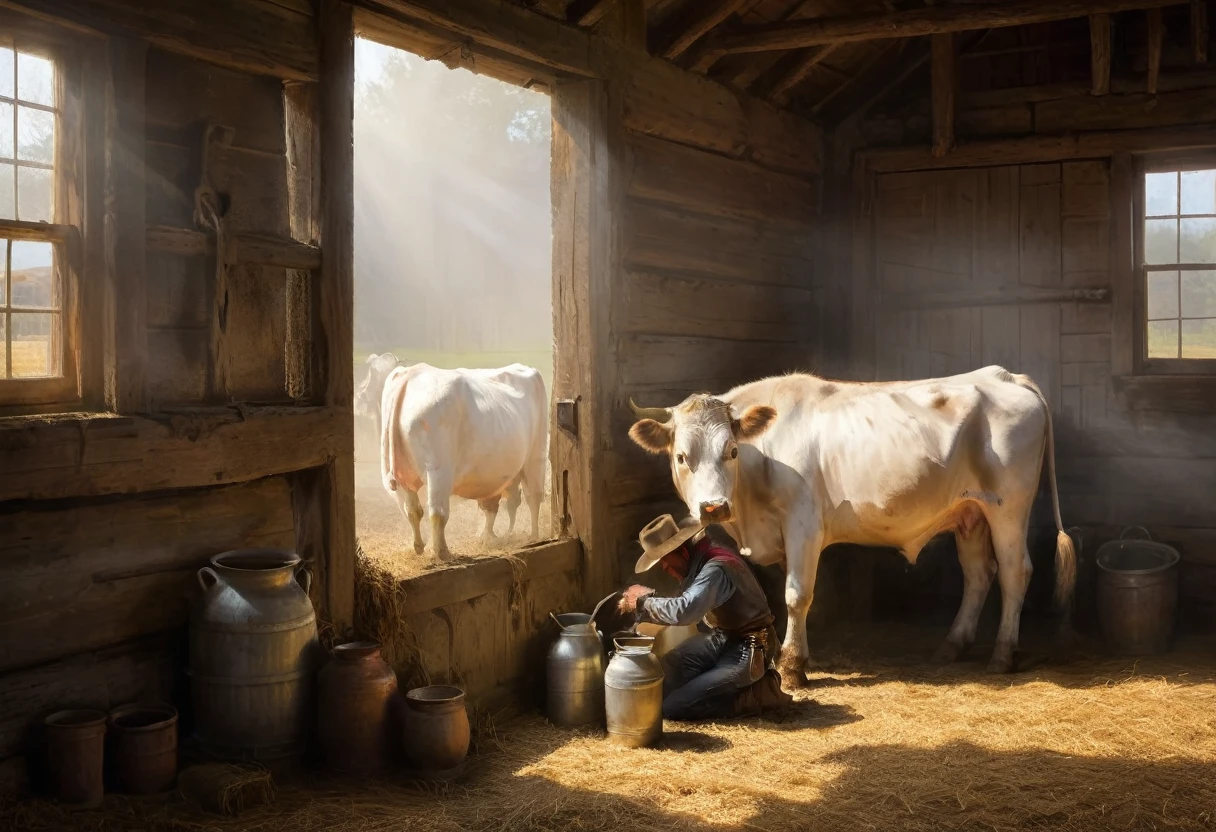 Farm life, the Western Frontier period, Cowboy milking a cow in the barn, Light coming through a small window, Volume light:1.3, fog, (work of art), (best qualityer), (ultra high detail)