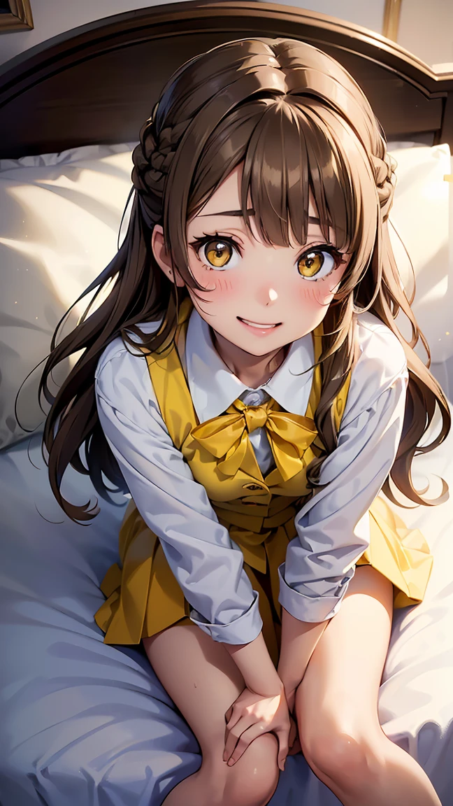 kotori minami, long hair, (((white brown hair:1.5))), (yellow eyes:1.3), hair bow, (((one side up))), skirt, school uniform, jacket, blazer, winter uniform, otonokizaka school uniform, -- ((Top view 1.3))),((Top view of lying down 1.3))), ((Lying on bed with legs spread wide))), (Wet genitals 1.2), (((Best smile 1.3))), (((Lying on back 1.3))), ((Lying on bed 1.3))), (Cute expression), ((Blushing and shy expression 1.3)), kanon shibuya, long hair, bangs, (purple eyes:1.1), orange hair, hair between eyes,shirt, dress, ribbon, school uniform, jacket, white shirt, open clothes, collared shirt, open jacket, red ribbon, neck ribbon, blue jacket, pinafore dress, grey dress, yuigaoka school uniform,---(8K, Raw, Highest quality, Real 1.2), Ultra High Quality, High Resolution, Top Quality, Perfect Face, Perfect Limbs, Perfect Fingers, High Resolution, (Beautiful Anime Face, Cute Face, Detailed Face), Joyful Smile, Smiling Expression, Lying on Bed, Cowboy Shot, Miniature Human Hands, (((small Bust 1.3))), (((Thin Thighs 1.3))), Pure White Chalk Interior, Pure White Marble Interior, ((Pure White Bedroom Like Western Castle 1.5)), (((Luxurious Pure White Canopy Bed 1.4)), (((Chandelier 1.4))), ((Pure White Bed 1.5)), ((Beautifully Decorated Bedroom 1.5)), ((Modern Style Bedroom 1.5 )), perfect anatomy, perfect proportions, nice lighting, bright colors, clean lines, information, blurred, stunning facial expressions, restless emotions, gorgeous and cute, beautiful face and eyes with every detail, (masterpiece) beautiful face, young and handsome girl, really perfect skin, blurred, facial expressions, restless emotions, gorgeous and cute, beautiful face and eyes with every detail, (Audrey Hepburn), (cute), (J-POP idol), (thighs, (depth of field), (depth of field), soft light, sparkling lens gaze, (droopy eyes), straight teeth, shy smile, fluttering hair, a scene from Blake's movie,,