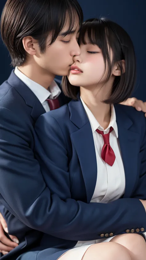 ((masterpiece, highest quality, high resolution)), japanese high school girl and her father share a passionate kiss、(realistic: ...