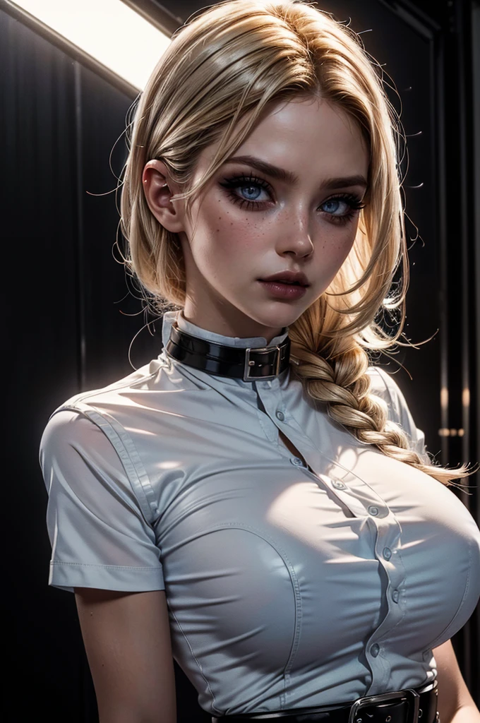 cowboy shot,a pretty 21 year old girl,blond hair,blue eyes,lora_Emma,slim athletic body,tight and stretched white shirt with buttons,button gap,short sleeves,ultra low rise black shiny latex pants,(double metal belt),empty studio,(best quality,4k,8k,highres,masterpiece:1.2),ultra-detailed,(realistic,photorealistic,photo-realistic:1.37),dramatic lighting,cinematic,fashion photography,studio lighting,high contrast,vivid colors,beautiful detailed eyes,beautiful detailed lips,extremely detailed eyes and face,long eyelashes, hair on one side, touching hair