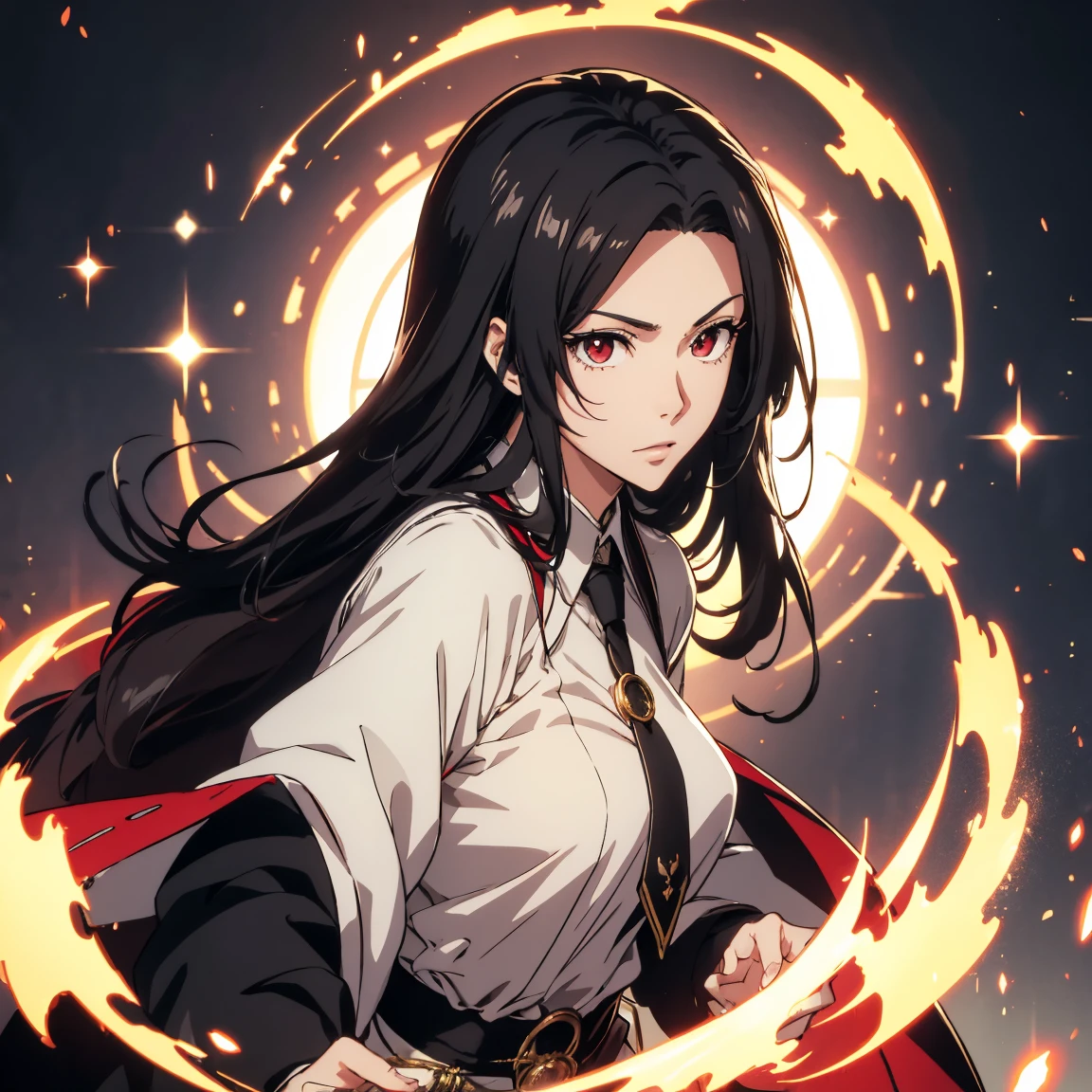 (Very detailed, Pixel perfect, Highest, Highest品質), 20 year old anime, Smooth anime art style, 長いBlack Hair, Slightly wavy hair, Parted bangs, Black Hair, Gradient Hair Color, magician, ((Red eyes)), Detailed eyes, beautiful eyes, Black long coat, White shirt, tie, Black Skirt, noble, nobleの服装, beautiful, Mysterious, elegant, Prestigious, Royal Buildings, Royal atmosphere, Classic, Particle Effects, View your viewers, Erect nipples