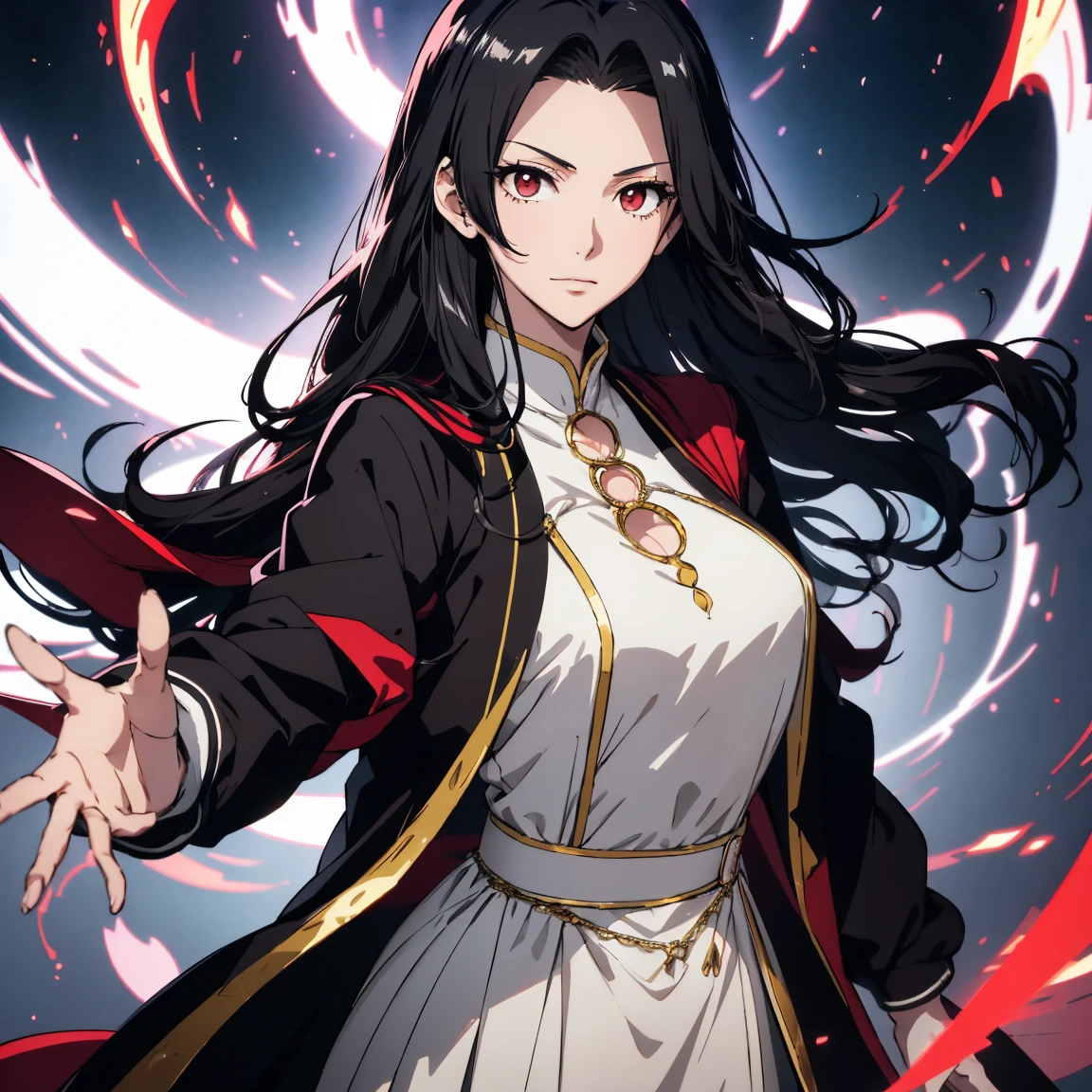 (Very detailed, Pixel perfect, Highest, Highest品質), 20 year old anime, Smooth anime art style, 長いBlack Hair, Slightly wavy hair, Parted bangs, Black Hair, Gradient Hair Color, magician, ((Red eyes)), Detailed eyes, beautiful eyes, Black long coat, White shirt, tie, Black Skirt, noble, nobleの服装, beautiful, Mysterious, elegant, Prestigious, Royal Buildings, Royal atmosphere, Classic, Particle Effects, View your viewers, Erect nipples