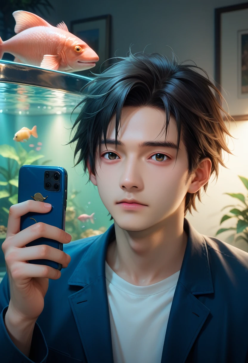 (3d:0.5,realistic:0.5,photorealistic:0.5),(absurdity,Super resolution,masterpiece,Best quality,finely detailed,absurdity:1.2), dramatic light, dramatic lighting, cinematic, Anime landscapes, Makoto Shinkai, Ghibli, an aquarium, Water World, fish, whale, 1 man, Asian man, Attractive guy, Attractive boy, holding a phone, blue jacket, black short hair, Lace, fantasy world