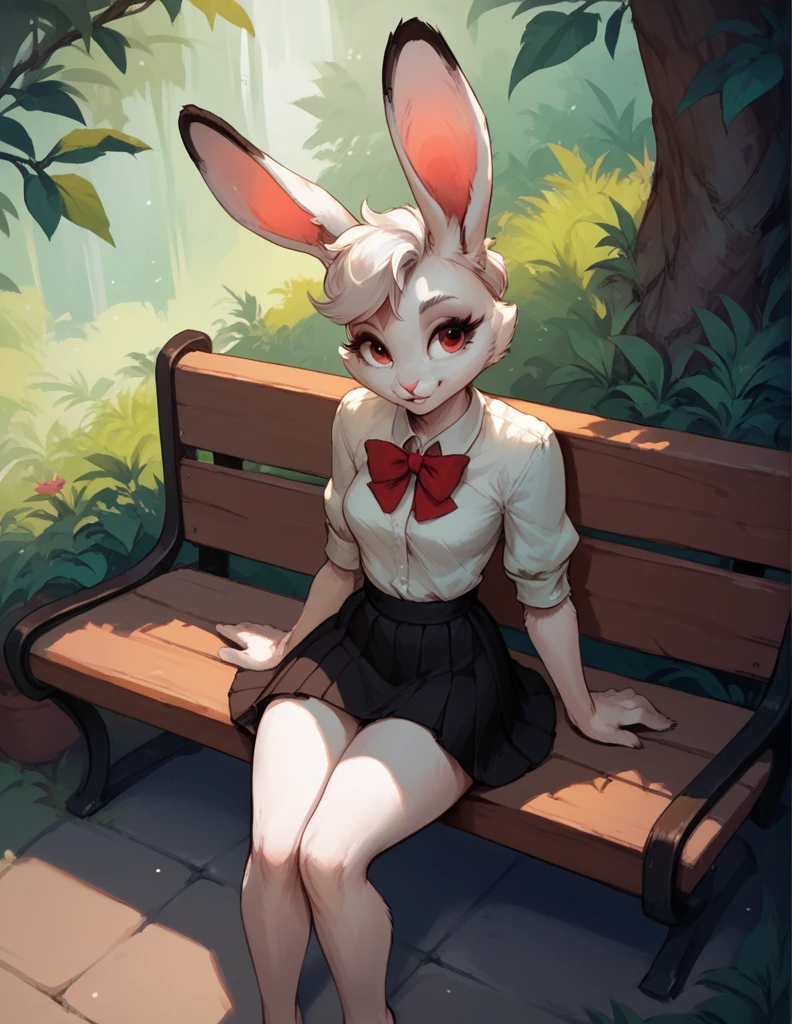 (((furry 5.0)))),Female, 18 years, cute rabbit, Female кролика,Skirt, slender body, sits on a bench, against the background of the Forrest 