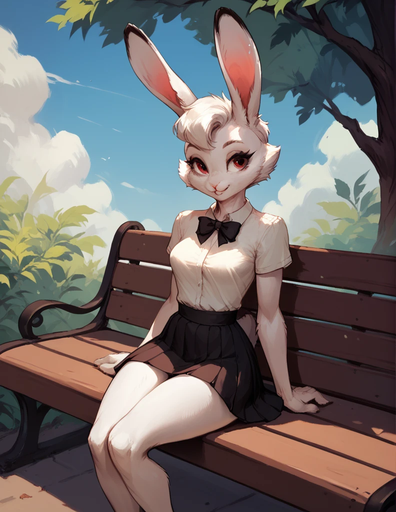 (((furry 5.0)))),Female, 18 years, cute rabbit, Female кролика,Skirt, slender body, sits on a bench, against the background of the Forrest 