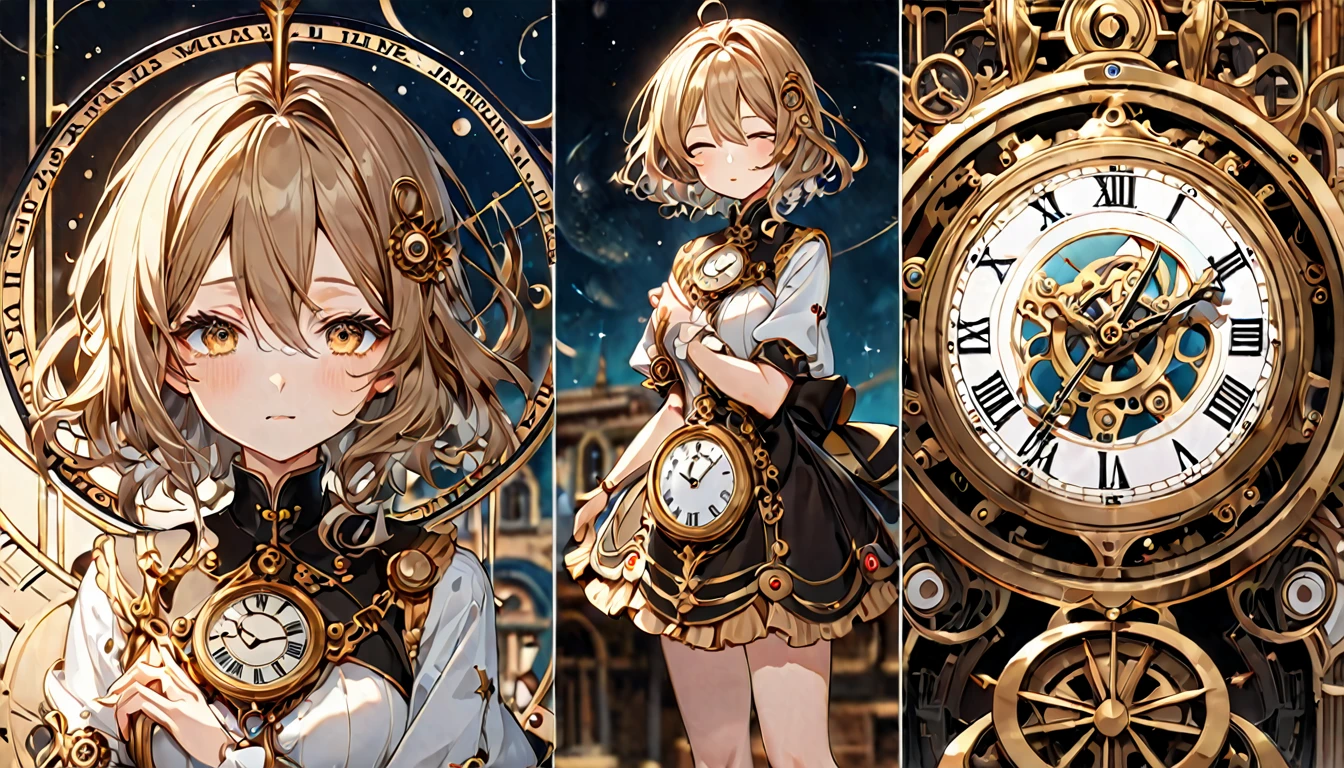 **290. One person。Clock personification。The calm incarnation of a clock that governs time。Cowboy shot or close-up。  
masterpiece, best quality, ultra detailed (Detailed fingers), (Emotional), (Breathtakingly beautiful),  
(main part: 1.2 Whole body。), (Anime Style), (Very detailed), (Personification of clock),  
(超High resolution, High resolution), (8k), (High resolution: 1.2), (Complex and beautiful: 1.2)**
- background: Old clock tower、A space that lets you feel the passage of time。
- Personification: Young woman, around 18 years old、Wearing elegant outfits designed to resemble gears and clock faces。
-pose: Standing quietly as if watching over the time。
-expression: Calm and intelligent、A timeless and calm look。
- Effects: The hands of the clock move slowly、Time passing effect。
-color: Bronze and antique gold、A color that symbolizes the charm of old watches。
