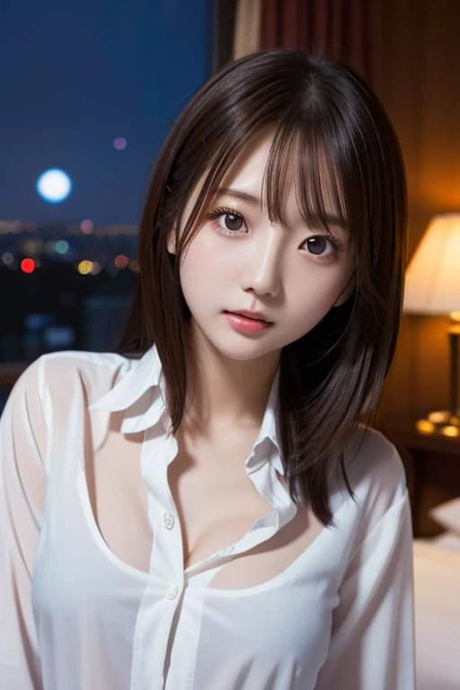 Tabletop, Highest quality, figure, Very detailed, In detail, High resolution, 8k wallpaper, Perfect dynamic composition、beautiful girl、Detailed face、Detailed eyes、Textured skin、Slightly parted lips、Small breasts、Bold sexy pose、((Wide open shirt))、Hotel room with a night view、