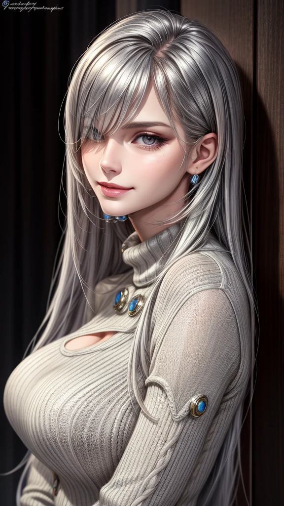 (masterpiece, best quality), mature female, silver hair, silver eyes, sharp jawline, sweater, long hair, hair over one eye,  upper body, large breasts, close up, smirk