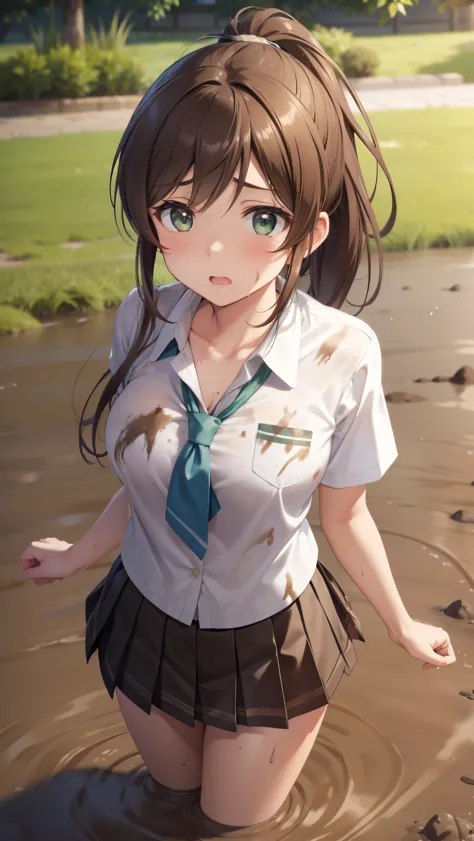 nozomitoujou, nozomi-san always, green eyes, brown hair, ponytail, medium chest, masterpiece, highest quality, high resolution, ...