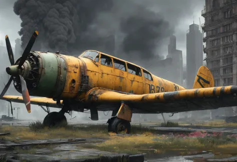 * old yellow biplane stands on the ground, / ruined cities under dark skies, crumbling skyscrapers looming over deserted streets...