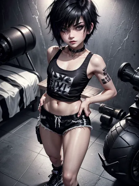 1boy, 12-year-old, emo hairstyle, black lipstick, dog collar, eyeliner, eye shadow, smoky eyes, realistic lighting, tank top, sh...