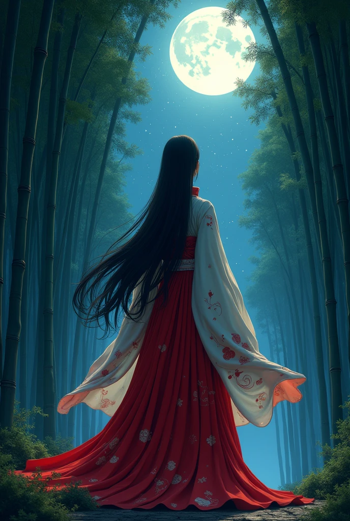 princess of Kaguya, (heian red:1.1) japanese clothes, wide sleeves, red (karaginumo:1.1), layered kimono, 1girl, solo, black hair (hime cut:1.2) very long hair spread out, (standing, frombehind), beautifully, aesthetic, wide shot, cinematic lighting, ultra wide angle, moonlight, starry sky, bamboo forest,