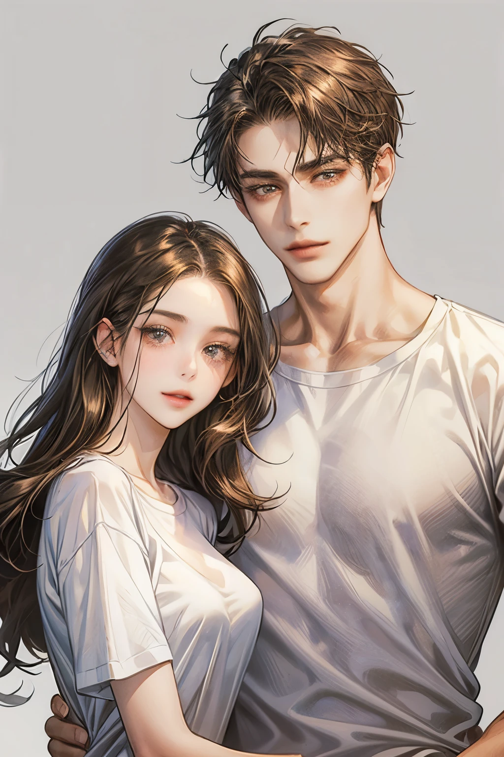 man and woman,Couple taking photos,handsome,A man wearing a white shirt..,A woman wearing one-piece clothing,man and womanยิ้ม,heart,parts, t-shirt, 
brown hair, simple background, long hair, black hair, shill, 