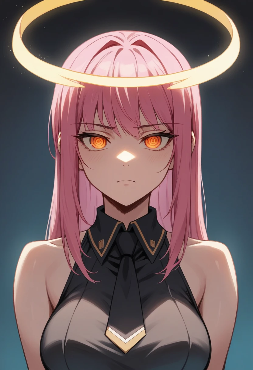 makiman,"A striking digital art portrait of a young woman with long, flowing pink hair, a glowing neon halo, and horns atop her head. Her intense red-orange eyes shine with a piercing, hypnotic gaze. She wears a white collared shirt and a black tie, projecting a powerful, confident presence. Black-gloved hands surround her, gently touching her head and shoulders, adding a sense of tension. The background is dark, with deep shades of purple and red, highlighting the chains crisscrossing behind her, creating a dramatic, otherworldly atmosphere."