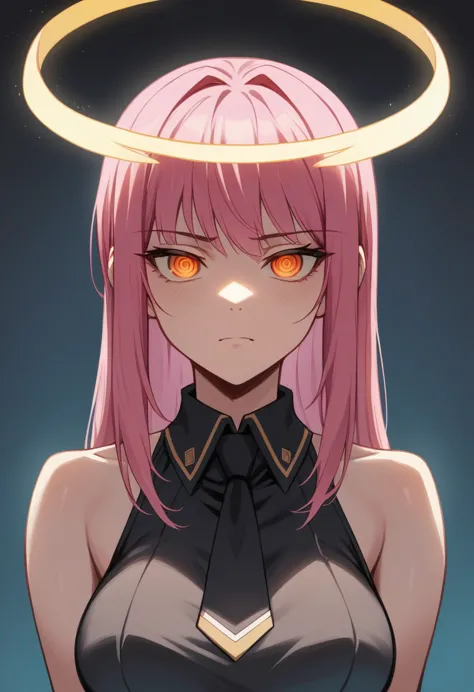 makiman,"a striking digital art portrait of a young woman with long, flowing pink hair, a glowing neon halo, and horns atop her ...