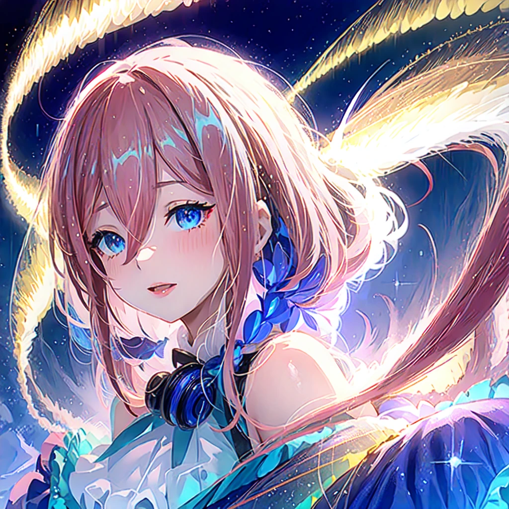 Pretty girl, headshot, nakano miku, iridescent organza dress, fluffy organza dress, veiled dress, extremely detailed, extremely pretty,, sparkling threads in hair, splendid, gorgeous, dramatic lighting, ,