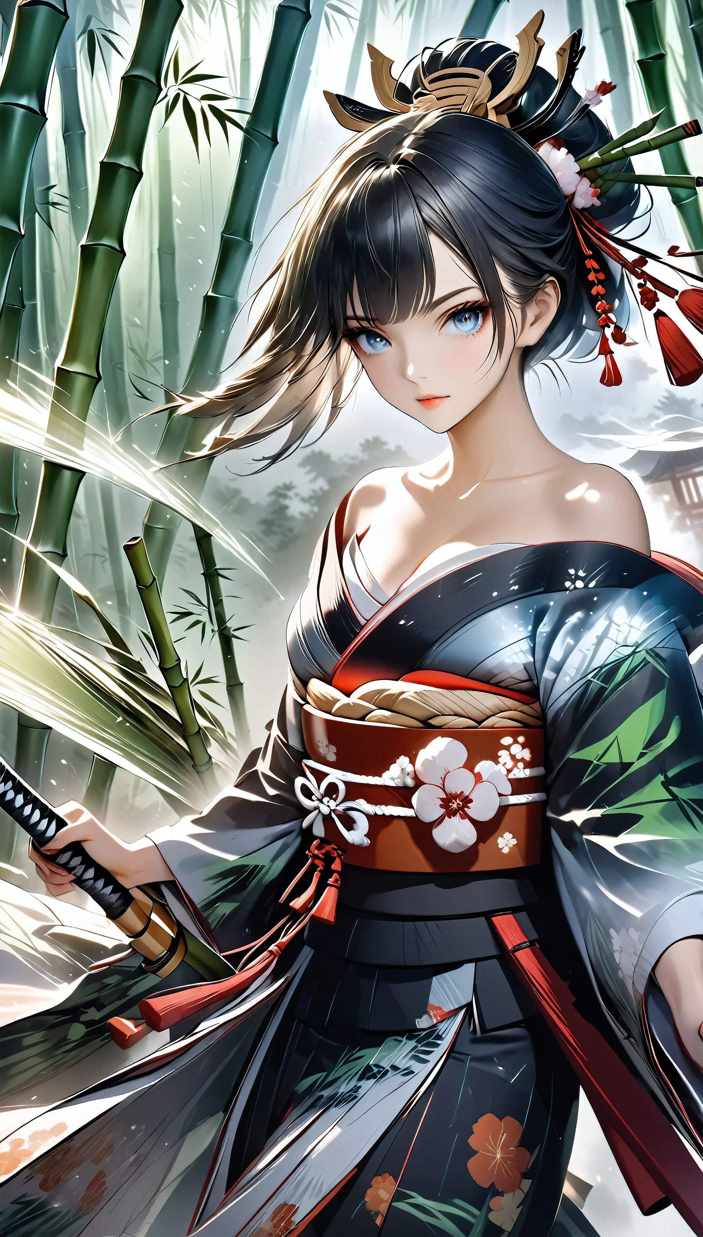 [Core Concepts] The subject cuts a single bamboo stalk placed in the center from the front with a Japanese sword., 
[Character description] A female samurai wearing an off-the-shoulder kimono, Holding a long Japan sword, Sharp cutting edge, Charm, Alluring, 
[environment/background] Bamboo forest shrouded in deep mist, Strong light shines in, Fog diffuses the light, 
[Style and atmosphere] Transparent watercolor-style CG, Integrating elements of Japanese painting, A momentary performance, 
[composition] A single bamboo stalk grows in the center., The subject cuts diagonally with a Japanese sword, The moment when the top part of a cut bamboo falls diagonally, Glide along the cut, Parallel sliding bamboo, 
[Details and decoration]　Clear eyes staring at the viewer, Strong and fleeting, The metal parts have a sharp shine., Polished Steel, 
[Technical Specifications] Expressing instantaneous speed, Dynamic swordplay, Cinematic production, Dramatic lighting effects, 