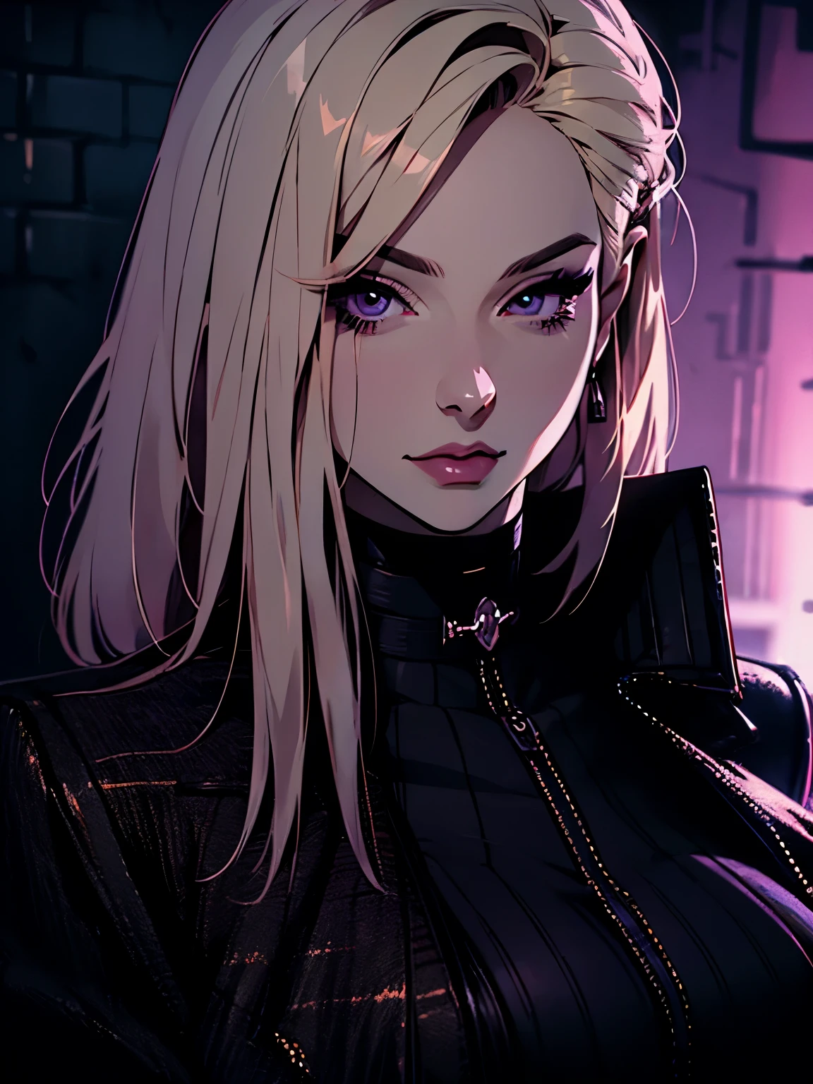 hyper-realistic of a charming woman with short, blonde hair, long bob hair, piercing purple eyes, trunk, black overcoat, ((light hair)), ssmile