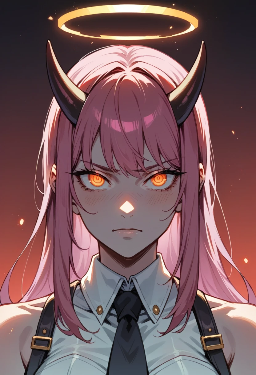 makiman,"A striking digital art portrait of a young woman with long, flowing pink hair, a glowing neon halo, and horns atop her head. Her intense red-orange eyes shine with a piercing, hypnotic gaze. She wears a white collared shirt and a black tie, projecting a powerful, confident presence. Black-gloved hands surround her, gently touching her head and shoulders, adding a sense of tension. The background is dark, with deep shades of purple and red, highlighting the chains crisscrossing behind her, creating a dramatic, otherworldly atmosphere."