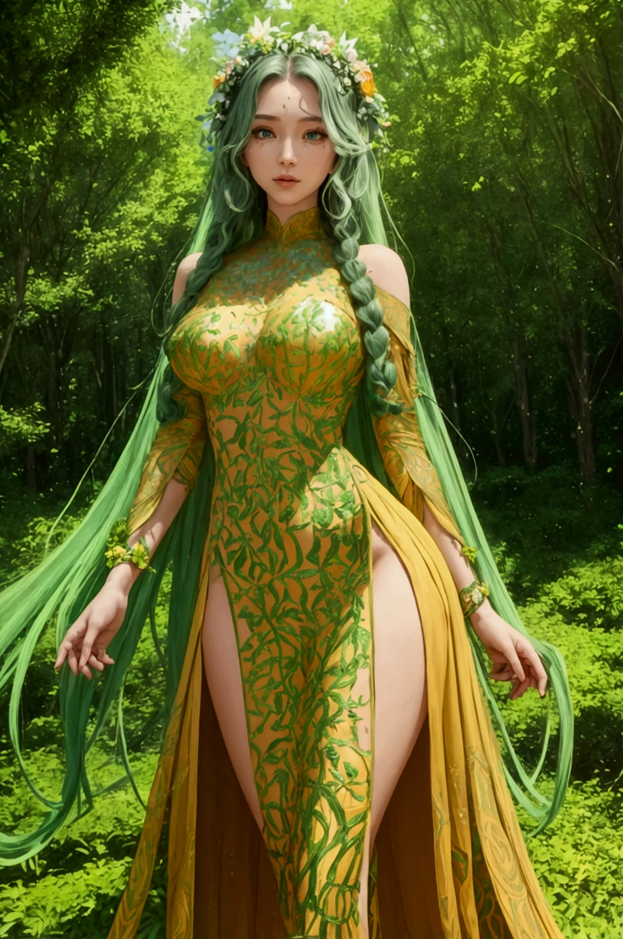 A vibrant and harmonious illustration of Solarpunk Gaia, depicting a futuristic yet organic world where nature and technology coexist in perfect balance. The image features a serene and powerful Gaia, a goddess of the Earth, standing amidst a lush forest with towering trees, their trunks adorned with glowing, ethereal circuits and wires. Gaia's skin has a warm, golden undertone, and her hair is a wild tangle of curly, verdant locks, with leaves and vines woven throughout. Her facial features are strong and gentle, with high cheekbones, a subtle smile, and piercing emerald green eyes that shine like the brightest stars. She wears a flowing, ornate gown made of iridescent fabrics that shift and shimmer like the aurora borealis, with intricate patterns resembling the networks of a motherboard. The background is a warm, sunny yellow, with hints of orange and pink, evoking a sense of optimism and hope. The overall style is a blend of fantastical, dreamlike quality and meticulous, industrial precision, with bold lines, subtle textures, and a sense of depth and dimensionality.