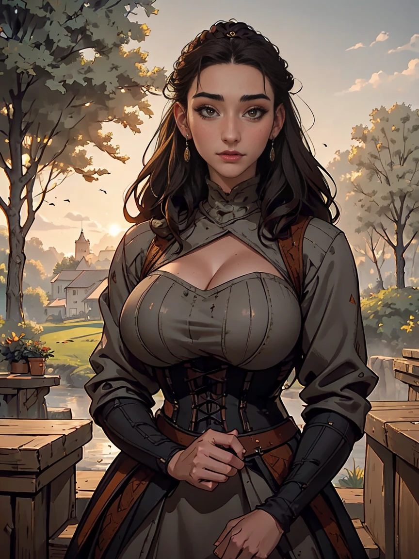 Gorgeous and sultry busty athletic (thin) brunette peasant with sharp facial features wearing a modest updo, medieval hair cover, rough-spun grey and brown medieval dress, long sleeves, wide neck, long dress, tight bodice, corset, Middle Ages, cottage, farm, exterior, trees, countryside, evening, sunset.