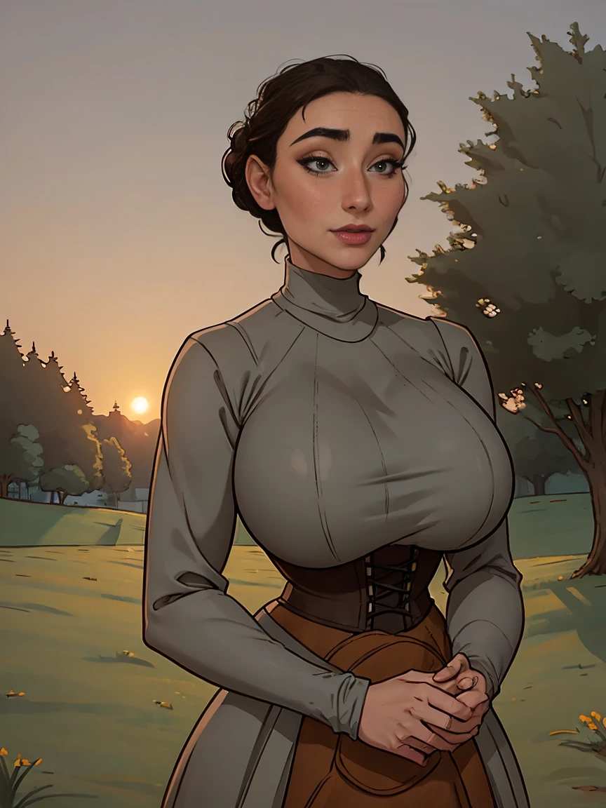 Gorgeous and sultry busty athletic (thin) brunette peasant with sharp facial features wearing a modest updo, medieval hair cover, rough-spun grey and brown medieval dress, long sleeves, wide neck, long dress, tight bodice, corset, Middle Ages, cottage, farm, exterior, trees, countryside, evening, sunset.