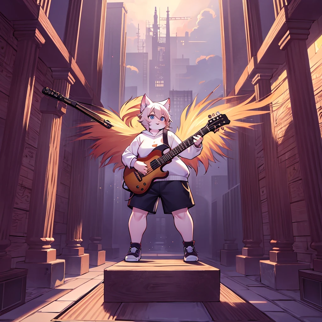 An obese furry cat girl playing a modara guitar in a temple wearing a modara sweatshirt and black shorts 