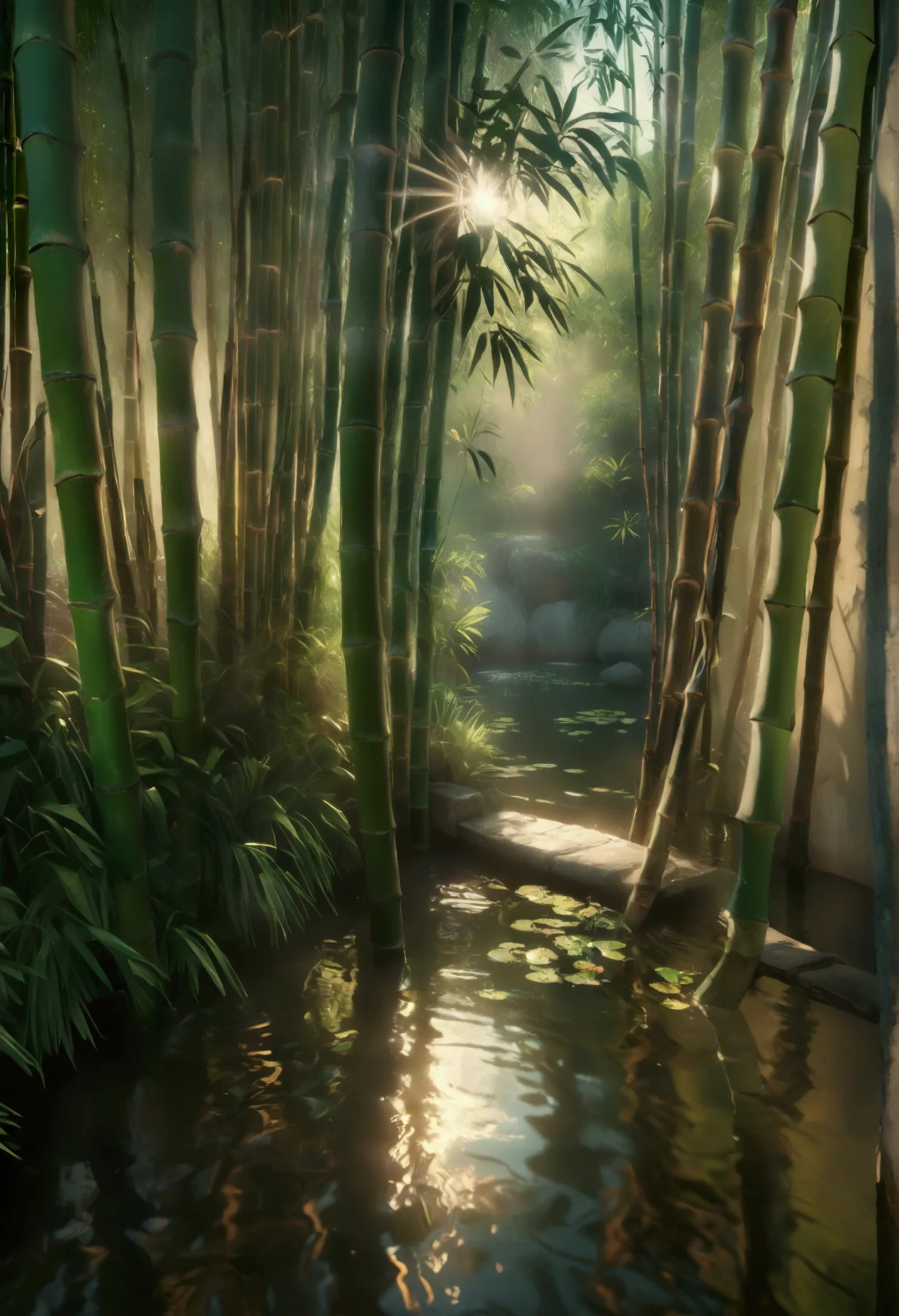 a lush, verdant bamboo forest in the vietnamese countryside, sunlight filtering through the bamboo stalks, dense foliage, peacef...