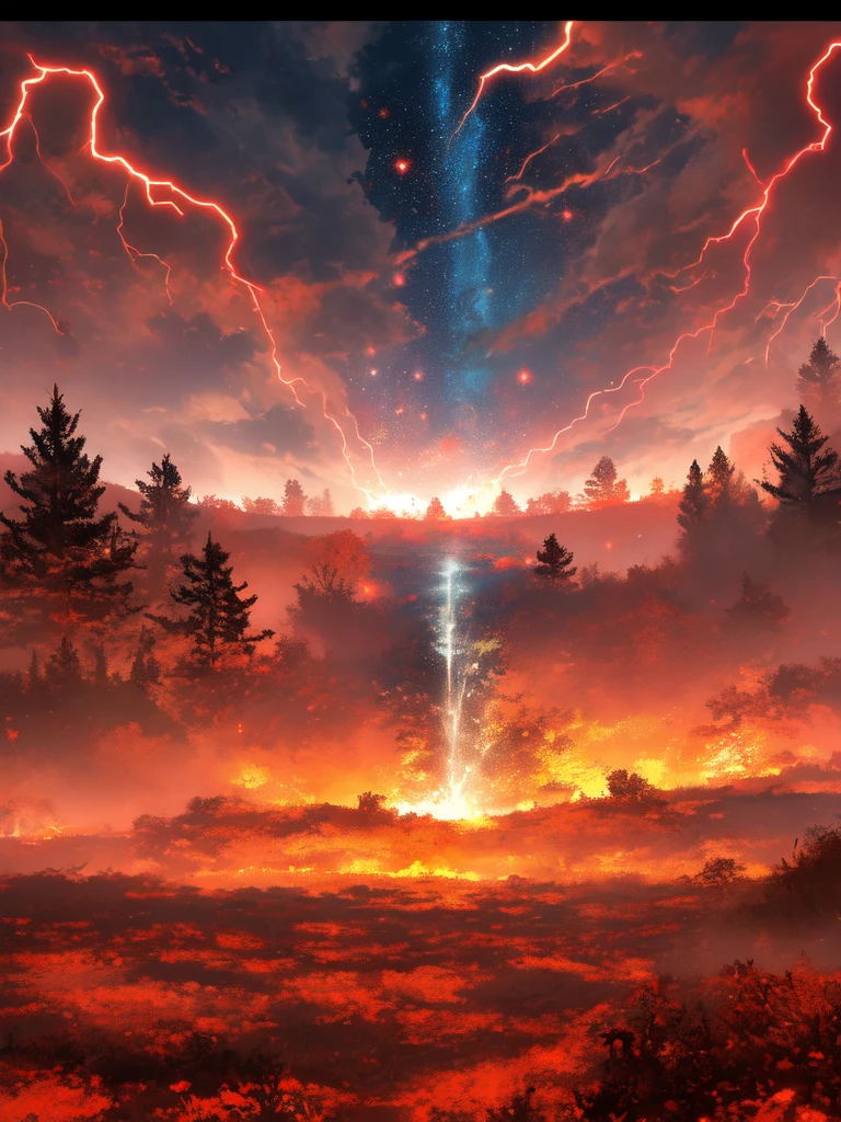 Digital artwork depicting a dramatic and vibrant lightning storm. The layout is vertical, showcasing a striking bolt of lightning that cuts through the center of the image, illuminating the dark, swirling clouds with shades of deep crimson and scarlet. The sky has fewer clouds, allowing a bold, fiery red hue to dominate the atmosphere. In the foreground, a misty, foggy area is replaced by a vibrant, glowing expanse of intense red light, radiating an intense, otherworldly glow. The ground is awash with strong, pulsing red light, adding an electrifying quality to the scene. The scene is framed by silhouettes of trees on either side, enhancing the contrast between the luminous foreground and the sky. Small, glowing particles are scattered throughout the image, adding a magical, ethereal quality to the scene.