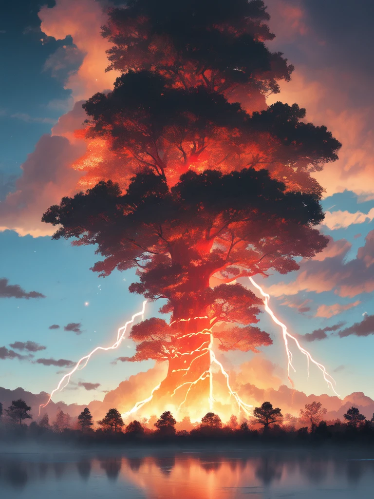 Digital artwork depicting a dramatic and vibrant lightning storm. The layout is vertical, showcasing a striking bolt of lightning that cuts through the center of the image, illuminating the dark, swirling clouds with shades of deep crimson and scarlet. The sky has fewer clouds, allowing a bold, fiery red hue to dominate the atmosphere. In the foreground, a misty, foggy area is replaced by a vibrant, glowing expanse of intense red light, radiating an intense, otherworldly glow. The ground is awash with strong, pulsing red light, adding an electrifying quality to the scene. The scene is framed by silhouettes of trees on either side, enhancing the contrast between the luminous foreground and the sky. Small, glowing particles are scattered throughout the image, adding a magical, ethereal quality to the scene.