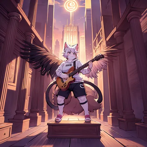 an obese furry cat girl playing a modara guitar in a temple wearing a modara sweatshirt and black shorts