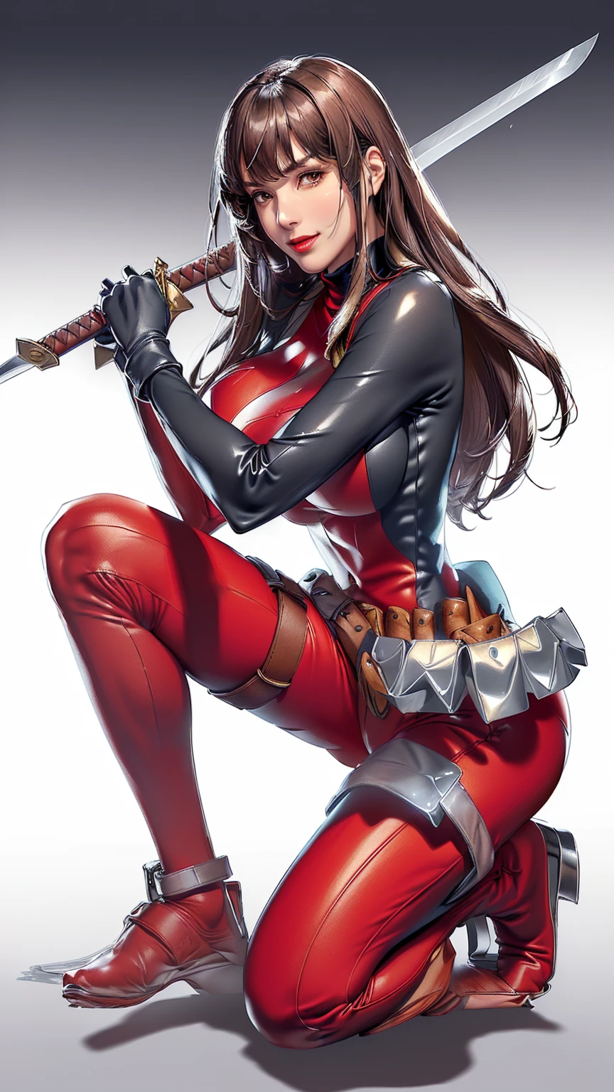 (（（Perfect body,White and tender skin,（（（BodySuit_lady_deadpool_ownwaifu，bodysuit, skin tight, superhero, Belt Pouch, utility belt, red bodysuit, gloves, weapon on back, thigh pouch, thigh strap, thigh holster, belt buckle, turtleneck, ）））,（（（ailisha，Black long hair, super long hair, slanted bangs, brown eyes, red lips））），((masterpiece)),high resolution, ((Best quality at best)),masterpiece,quality,Best quality,（（（ Exquisite facial features,Looking at the audience,There is light in the eyes,Smile））），whole body, Crouch and swing the sword, Hold the sword correctly）））,（（（Light and shadow,Huge breasts，）））,（（（Looking at the camera,White background,)））)