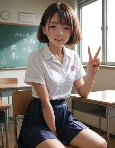 in the classroom、self-introduction、japanese high school girl、small breasts、brown short hair cheeky face、short sleeve uniform、pea...