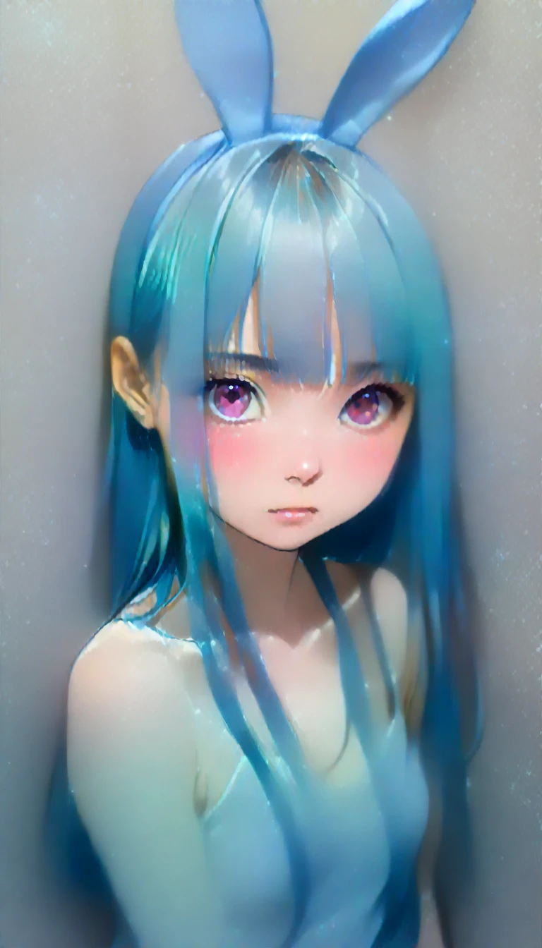 (((masterpiece, Highest quality, One person, alone))), (((Pastel blue hair, Straight Hair, Long Hair, Hair as it is, Blue rabbit earsが生えた少女, Blue rabbit ears))), Pink Eyes, View your viewers, (((Completely naked))), , Company uniform, company employee, bangs, (blush:0.5, Close your mouth, Light pink lipstick), , ((whole body, Capture from head to toe, shower room)), , , stand, From below, An illustration with a deep, distinct navy blue hue., whole bodyずぶ濡れ, Erect nipples:0.6, Put your arms behind your back,