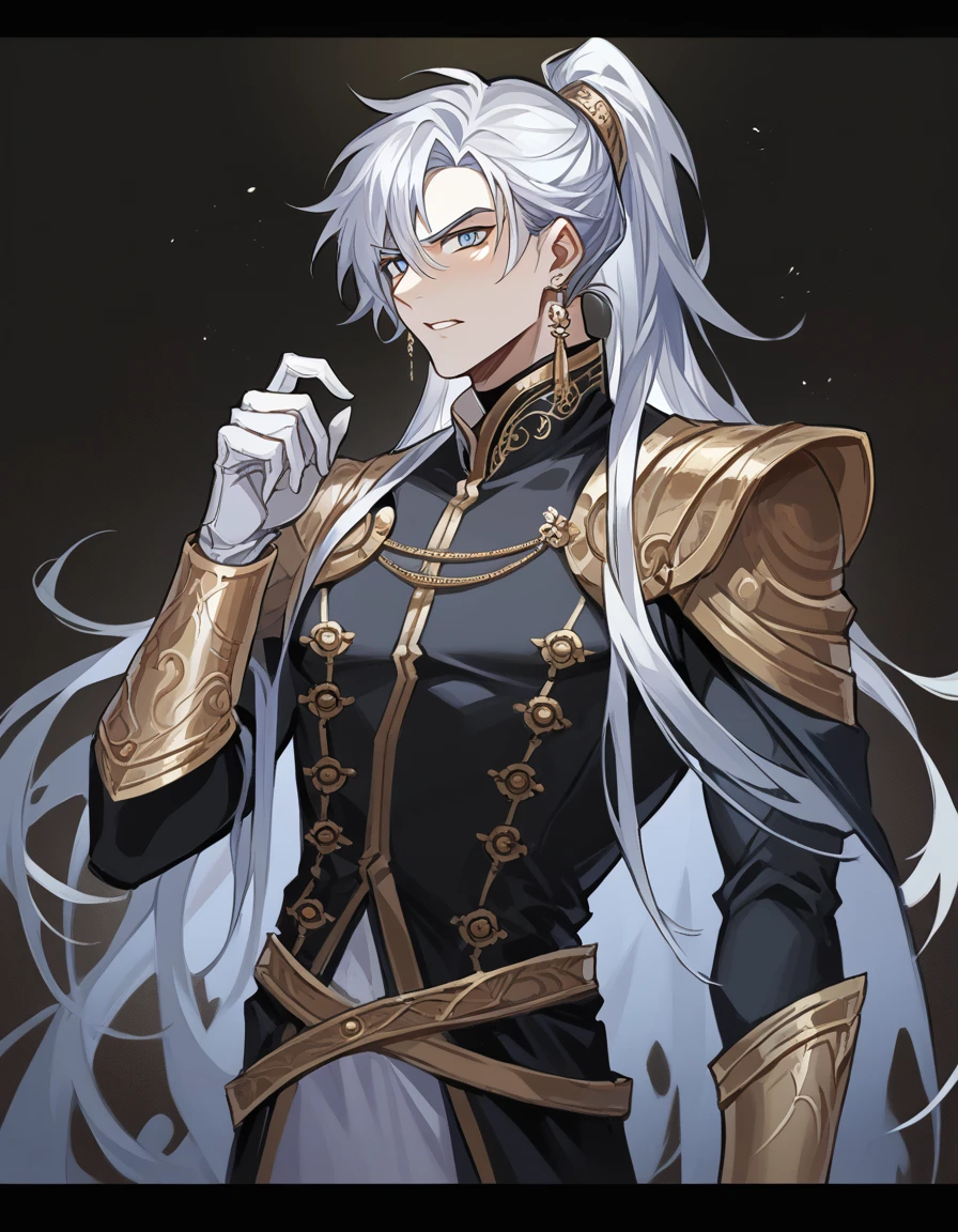 a man with long white hair, tied in a ponytail hairstyle, light blue eyes and serious penetrating gaze, expression would be, but malicious, dressed elegantly like a king, clothes with gold embellished details and white wrist-length gloves, His clothes have many details that resemble machines and gears. he has a mature and responsible appearance, as if he were older than he really is, at the same time the environment he finds himself in is dark and mysterious