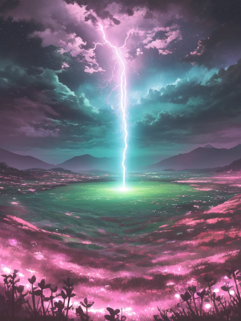 Digital artwork depicting a dramatic and vibrant lightning storm. The layout is vertical, showcasing a striking bolt of lightning that cuts through the center of the image, illuminating the dark, swirling clouds with shades of deep magenta and blushing pink. The sky has fewer clouds, allowing a bold, soft pink hue to dominate the atmosphere. In the foreground, a misty, foggy area is replaced by a vibrant, glowing expanse of intense pink light, radiating an intense, otherworldly glow. The ground is awash with strong, pulsing pink light, adding an electrifying quality to the scene. The scene is framed by silhouettes of trees on either side, enhancing the contrast between the luminous foreground and the sky. Small, glowing particles are scattered throughout the image, adding a magical, ethereal quality to the scene.