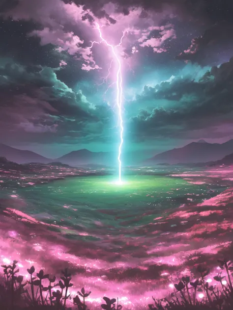 digital artwork depicting a dramatic and vibrant lightning storm. the layout is vertical, showcasing a striking bolt of lightnin...