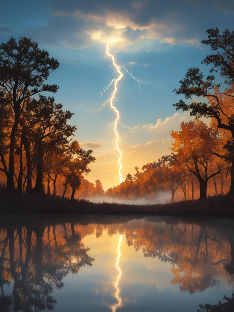 Digital artwork depicting a dramatic and vibrant lightning storm with a warm, golden hue. The layout is vertical, showcasing a striking bolt of lightning that cuts through the center of the image, illuminating the dark, swirling clouds with shades of burnt orange and honey. The sky has fewer clouds, allowing a soft, warm golden light to dominate the atmosphere. In the foreground, a misty, foggy area is replaced by a vibrant, glowing expanse of intense, warm amber light, radiating an intense, cozy glow. The ground is awash with strong, pulsing golden light, adding an inviting quality to the scene. The scene is framed by silhouettes of trees on either side, with a subtle bokeh effect in the background, enhancing the sense of depth and contrast between the luminous foreground and the sky. Small, glowing particles are scattered throughout the image, adding a magical, ethereal quality to the scene.