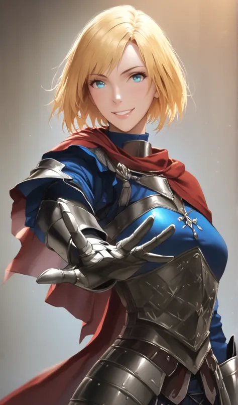 (adult woman), masterpiece, best quality, yellow hair, ((short hair)), blue medieval shirt, medieval armor pants, armor chest, r...