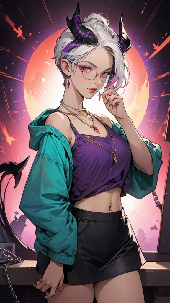 8k, masterpiece, best quality, highly detailed, 1 girl, tiefling, warlock, pixie cut, multicolored hair, very short straight hair red highlight hair on white hair, strippled hair, wearing glasses, round glasses, earrings, navel piercing, red eyeshadow, long eyelashes, blushed cheek, red lips, pearl necklace, rings, collarbone, mole on face, glamorous, teal and purple clothes, sleeveless, miniskirt, smirk, close up view, rings, looking at viewer, demon horns, solo, starry sky, plae blue moon, standing, boxing stance, scaled arms, chains on the background.